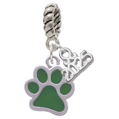 Silver Plated Medium Translucent Green Paw - Silver Plated Twist Rope Bead Charm Dangle with Mini Year 2025: Year to Remember Jewelry Gift - Celebrations