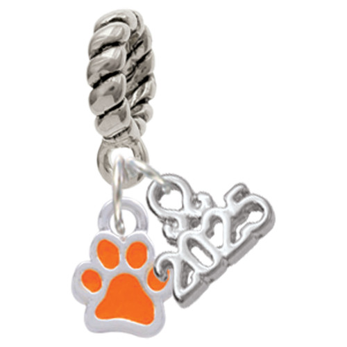 Silver Plated Mini Translucent Orange Paw - Silver Plated Twist Rope Bead Charm Dangle with Mini Year 2025: Year to Remember Jewelry Gift - Celebrations