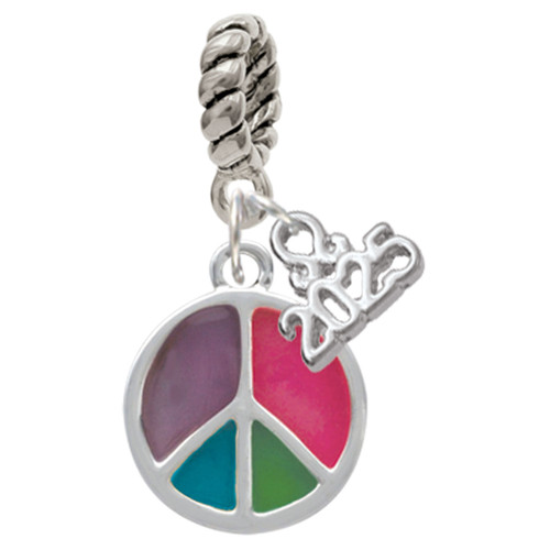 Silver Plated Multicolored Peace Sign - Silver Plated Twist Rope Bead Charm Dangle with Mini Year 2025: Year to Remember Jewelry Gift - Celebrations