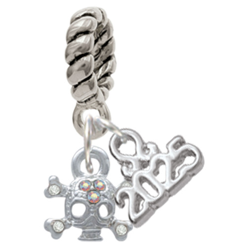 Silver Plated Mini Skull and Bones with 3 AB Crystals - Silver Plated Twist Rope Bead Charm Dangle with Mini Year 2025: Year to Remember Jewelry Gift - Celebrations