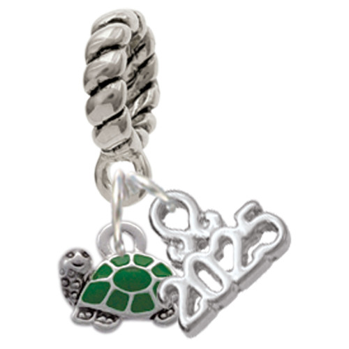 Silver Plated Mini Green Turtle - Side - Silver Plated Twist Rope Bead Charm Dangle with Mini Year 2025: Year to Remember Jewelry Gift - Celebrations