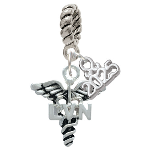 Silver Plated Nurse Caduceus - LVN - Silver Plated Twist Rope Bead Charm Dangle with Mini Year 2025: Year to Remember Jewelry Gift - Celebrations