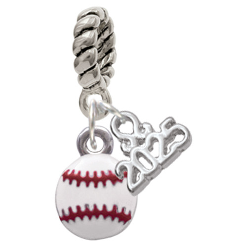 Silver Plated Mini White Baseball - Silver Plated Twist Rope Bead Charm Dangle with Mini Year 2025: Year to Remember Jewelry Gift - Celebrations