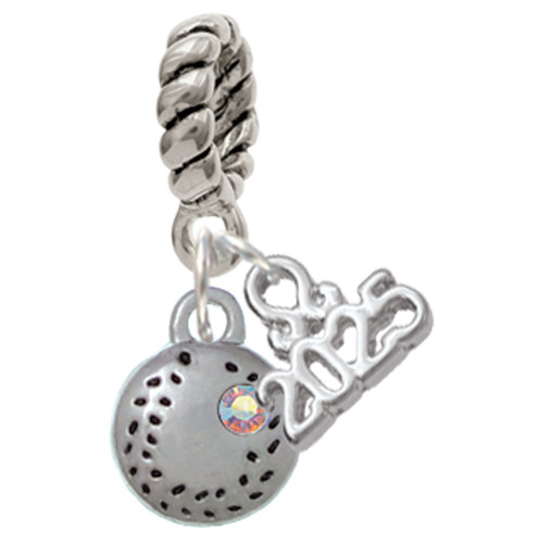 Silver Plated Mini Softball/Baseball with AB Crystal - Silver Plated Twist Rope Bead Charm Dangle with Mini Year 2025: Year to Remember Jewelry Gift - Celebrations