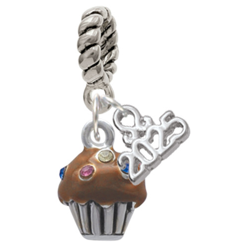 Silver Plated Small Chocolate Cupcake with Crystal Sprinkles - Silver Plated Twist Rope Bead Charm Dangle with Mini Year 2025: Year to Remember Jewelry Gift - Celebrations
