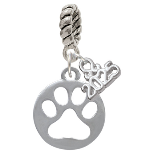 Silver Plated Circle with Cut Out Paw - Silver Plated Twist Rope Bead Charm Dangle with Mini Year 2025: Year to Remember Jewelry Gift - Celebrations