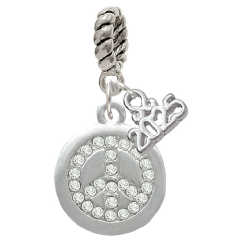 Silver Plated Disc with Crystal Peace Sign - Silver Plated Twist Rope Bead Charm Dangle with Mini Year 2025: Year to Remember Jewelry Gift - Celebrations