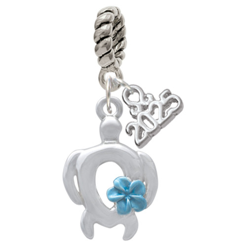 Silver Plated Open Sea Turtle with Blue Plumeria - Silver Plated Twist Rope Bead Charm Dangle with Mini Year 2025: Year to Remember Jewelry Gift - Celebrations