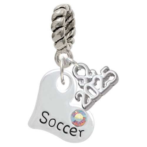Heart with ''Soccer'' and AB Crystal - Silver Plated Twist Rope Bead Charm Dangle with Mini Year 2025: Year to Remember Jewelry Gift - Celebrations