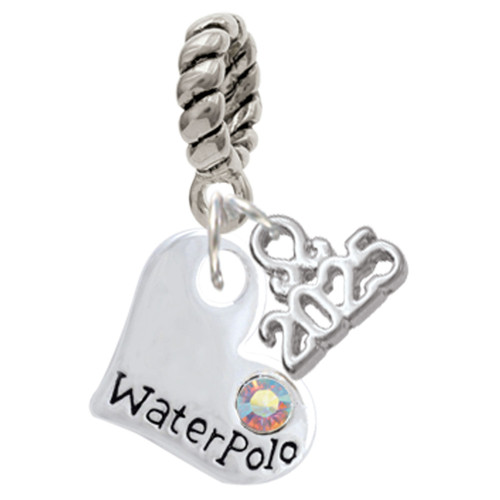 Heart with ''Water Polo'' and AB Crystal - Silver Plated Twist Rope Bead Charm Dangle with Mini Year 2025: Year to Remember Jewelry Gift - Celebrations