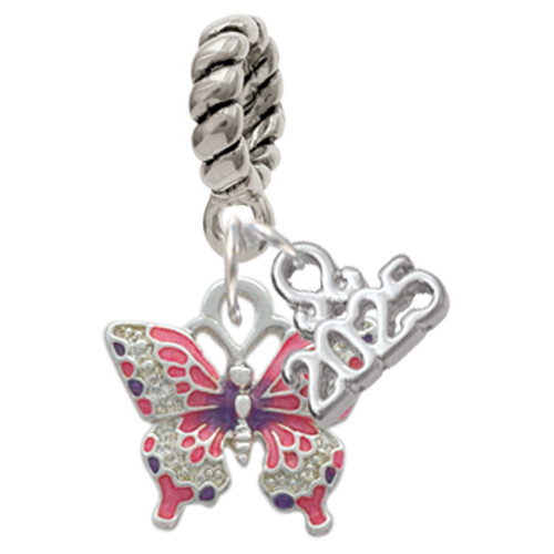 Silver Plated Small Hot Pink & Purple Butterfly - Silver Plated Twist Rope Bead Charm Dangle with Mini Year 2025: Year to Remember Jewelry Gift - Celebrations