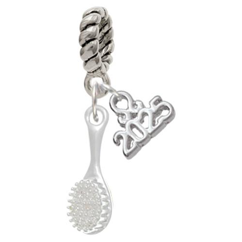Silver Plated 3-D Hair Brush - Silver Plated Twist Rope Bead Charm Dangle with Mini Year 2025: Year to Remember Jewelry Gift - Celebrations