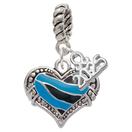 Silver Plated Hot Blue Tiger Print Heart - Silver Plated Twist Rope Bead Charm Dangle with Mini Year 2025: Year to Remember Jewelry Gift - Celebrations