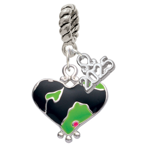Silver Plated Lime Green Large Cheetah Print Heart - Silver Plated Twist Rope Bead Charm Dangle with Mini Year 2025: Year to Remember Jewelry Gift - Celebrations