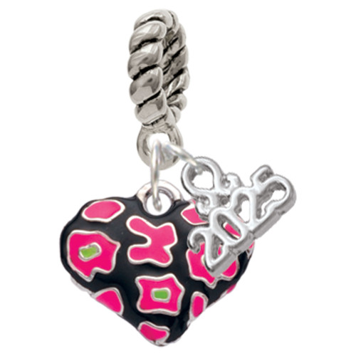 Silver Plated Hot Pink Cheetah Print Heart - Silver Plated Twist Rope Bead Charm Dangle with Mini Year 2025: Year to Remember Jewelry Gift - Celebrations