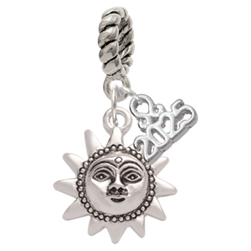 Silver Plated Sun Face with Beaded Edging - Silver Plated Twist Rope Bead Charm Dangle with Mini Year 2025: Year to Remember Jewelry Gift - Celebrations