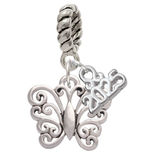 Filigree Curls Butterfly - Silver Plated Twist Rope Bead Charm Dangle with Mini Year 2025: Year to Remember Jewelry Gift - Celebrations