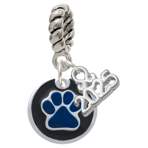 Silver Plated Royal Blue Paw on Black Disc - Silver Plated Twist Rope Bead Charm Dangle with Mini Year 2025: Year to Remember Jewelry Gift - Celebrations