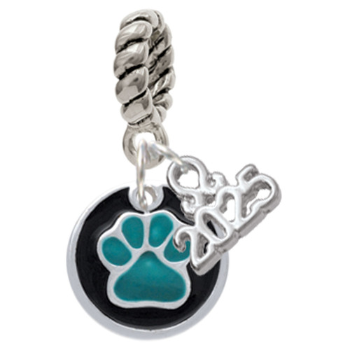 Silver Plated Teal Paw on Black Disc - Silver Plated Twist Rope Bead Charm Dangle with Mini Year 2025: Year to Remember Jewelry Gift - Celebrations