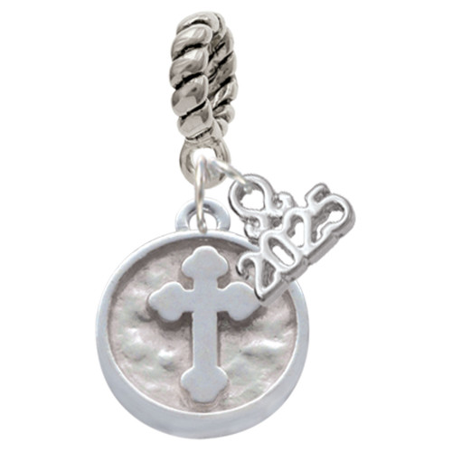 Silver Plated Botonee Cross - Round Seal - Silver Plated Twist Rope Bead Charm Dangle with Mini Year 2025: Year to Remember Jewelry Gift - Celebrations