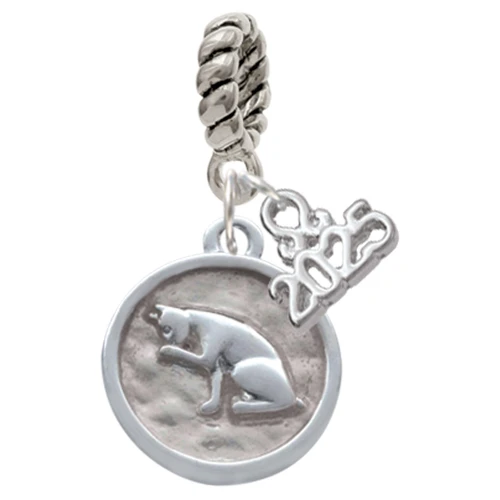 Silver Plated Sitting Cat - Round Seal - Silver Plated Twist Rope Bead Charm Dangle with Mini Year 2025: Year to Remember Jewelry Gift - Celebrations