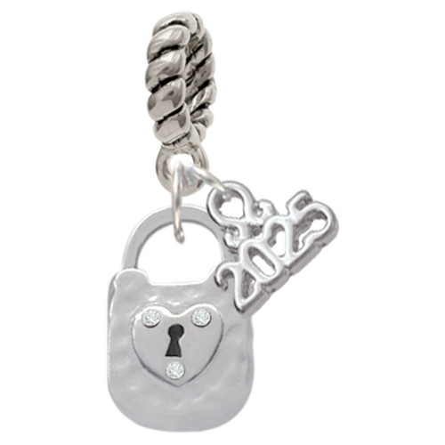 Silver Plated Hammered Lock with Heart and Clear Crystals - Silver Plated Twist Rope Bead Charm Dangle with Mini Year 2025: Year to Remember Jewelry Gift - Celebrations