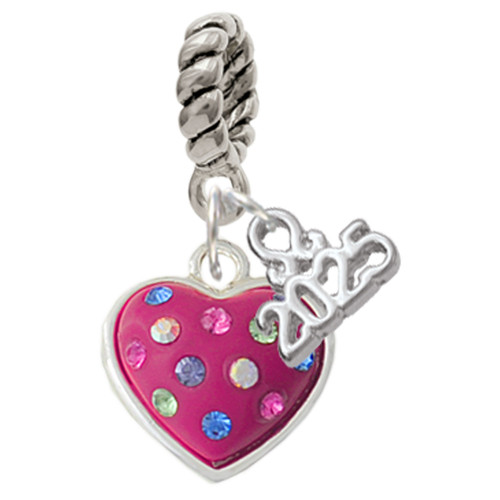 Silver Plated Hot Pink Resin Heart in Frame - Silver Plated Twist Rope Bead Charm Dangle with Mini Year 2025: Year to Remember Jewelry Gift - Celebrations