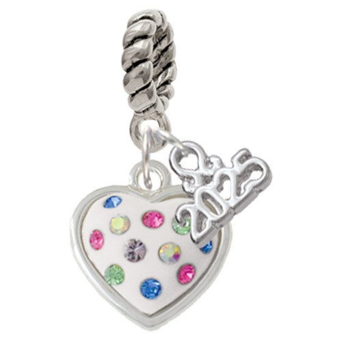 Silver Plated White Resin Heart with Spring Crystals - Silver Plated Twist Rope Bead Charm Dangle with Mini Year 2025: Year to Remember Jewelry Gift - Celebrations