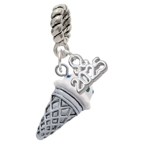 Silver Plated 3-D Resin Vanilla Ice Cream Cone with Crystals - Silver Plated Twist Rope Bead Charm Dangle with Mini Year 2025: Year to Remember Jewelry Gift - Celebrations