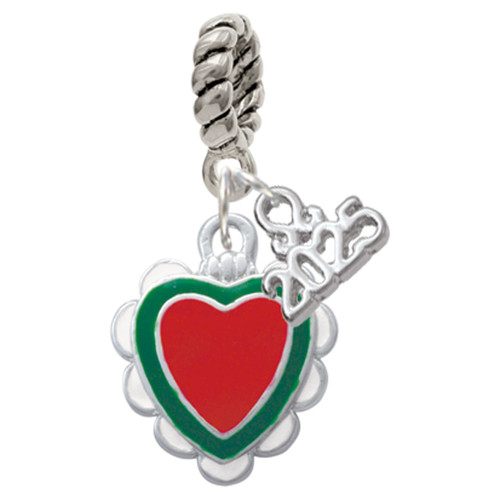 Red, Green Heart with White Ruffles - Silver Plated Twist Rope Bead Charm Dangle with Mini Year 2025: Year to Remember Jewelry Gift - Celebrations