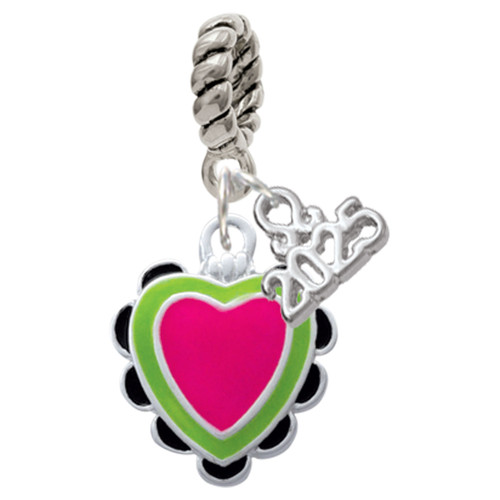 Silver Plated Hot Pink & Lime Green Heart with Black Ruffles - Silver Plated Twist Rope Bead Charm Dangle with Mini Year 2025: Year to Remember Jewelry Gift - Celebrations