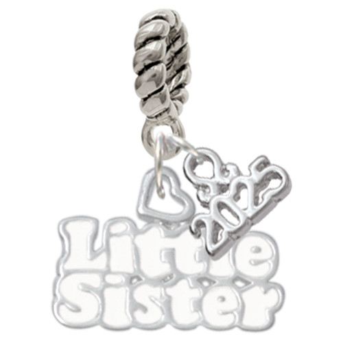 White ''Little Sister'' with Heart - Silver Plated Twist Rope Bead Charm Dangle with Mini Year 2025: Year to Remember Jewelry Gift - Celebrations