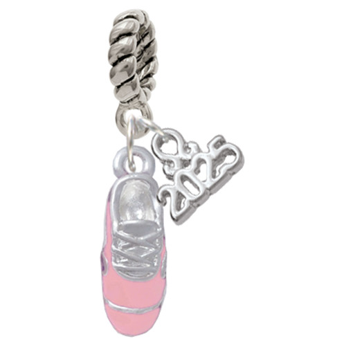Silver Plated 3-D Pink Running Shoe - Silver Plated Twist Rope Bead Charm Dangle with Mini Year 2025: Year to Remember Jewelry Gift - Celebrations