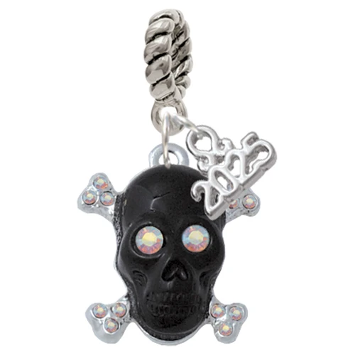 Silver Plated Large Black Resin Skull with AB Crystals - Silver Plated Twist Rope Bead Charm Dangle with Mini Year 2025: Year to Remember Jewelry Gift - Celebrations