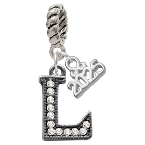 Black Nickeltone Crystal Initial - L - Beaded Border - Silver Plated Twist Rope Bead Charm Dangle with Mini Year 2025: Year to Remember Jewelry Gift - Celebrations