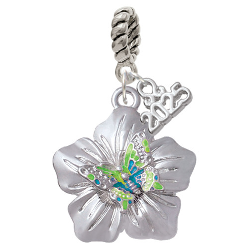 Silver Plated Lime Green & Hot Blue Butterfly on Large Flower - Silver Plated Twist Rope Bead Charm Dangle with Mini Year 2025: Year to Remember Jewelry Gift - Celebrations