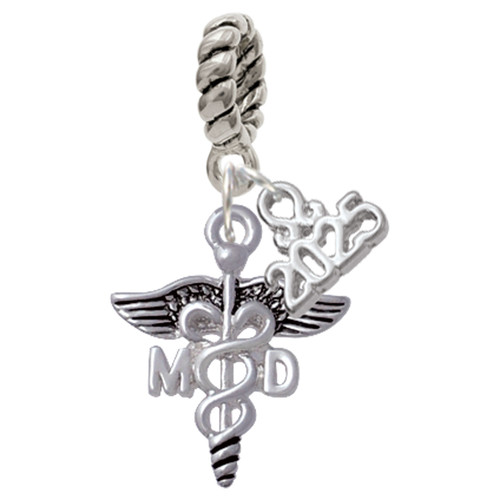Silver Plated Caduceus - MD - Silver Plated Twist Rope Bead Charm Dangle with Mini Year 2025: Year to Remember Jewelry Gift - Celebrations