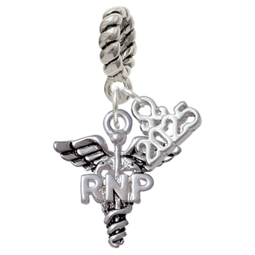 Silver Plated Nurse Caduceus - RNP - Silver Plated Twist Rope Bead Charm Dangle with Mini Year 2025: Year to Remember Jewelry Gift - Celebrations