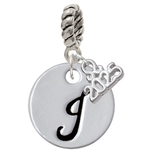 Silver Plated Large Script Letter Disc - J - Silver Plated Twist Rope Bead Charm Dangle with Mini Year 2025: Year to Remember Jewelry Gift - Celebrations