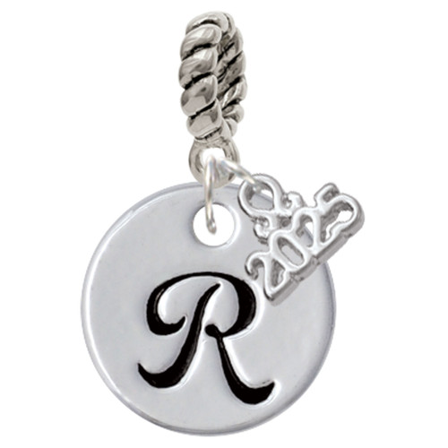 Silver Plated Large Script Letter Disc - R - Silver Plated Twist Rope Bead Charm Dangle with Mini Year 2025: Year to Remember Jewelry Gift - Celebrations