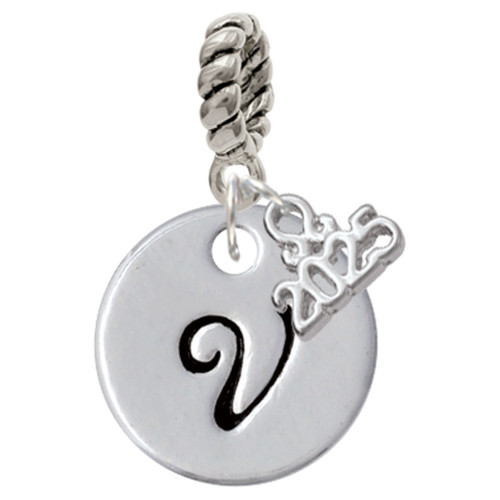 Silver Plated Large Script Letter Disc - V - Silver Plated Twist Rope Bead Charm Dangle with Mini Year 2025: Year to Remember Jewelry Gift - Celebrations