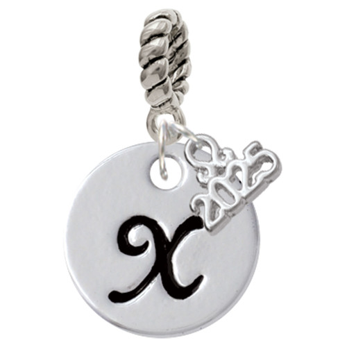 Silver Plated Large Script Letter Disc - X - Silver Plated Twist Rope Bead Charm Dangle with Mini Year 2025: Year to Remember Jewelry Gift - Celebrations