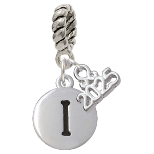 Silver Plated Capital Letter - I - Pebble Disc - Silver Plated Twist Rope Bead Charm Dangle with Mini Year 2025: Year to Remember Jewelry Gift - Celebrations
