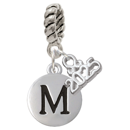 Silver Plated Capital Letter - M - Pebble Disc - Silver Plated Twist Rope Bead Charm Dangle with Mini Year 2025: Year to Remember Jewelry Gift - Celebrations