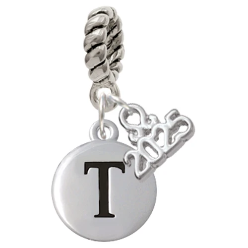 Silver Plated Capital Letter - T - Pebble Disc - Silver Plated Twist Rope Bead Charm Dangle with Mini Year 2025: Year to Remember Jewelry Gift - Celebrations