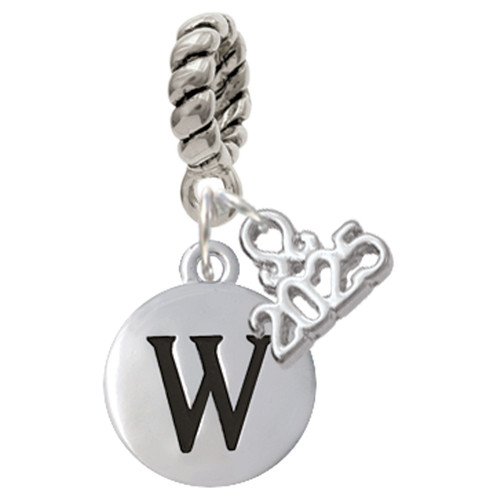 Silver Plated Capital Letter - W - Pebble Disc - Silver Plated Twist Rope Bead Charm Dangle with Mini Year 2025: Year to Remember Jewelry Gift - Celebrations