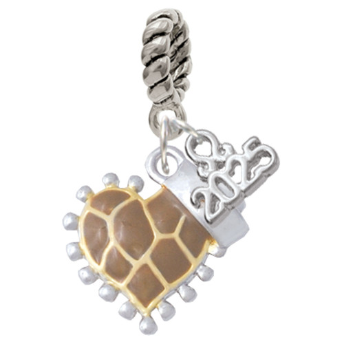 Brown Giraffe Print Heart with Nurse Hat - Silver Plated Twist Rope Bead Charm Dangle with Mini Year 2025: Year to Remember Jewelry Gift - Celebrations