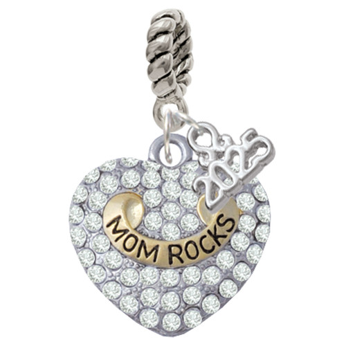 Two-tone 'Mom Rocks' on Clear Crystal Heart - Silver Plated Twist Rope Bead Charm Dangle with Mini Year 2025: Year to Remember Jewelry Gift - Celebrations