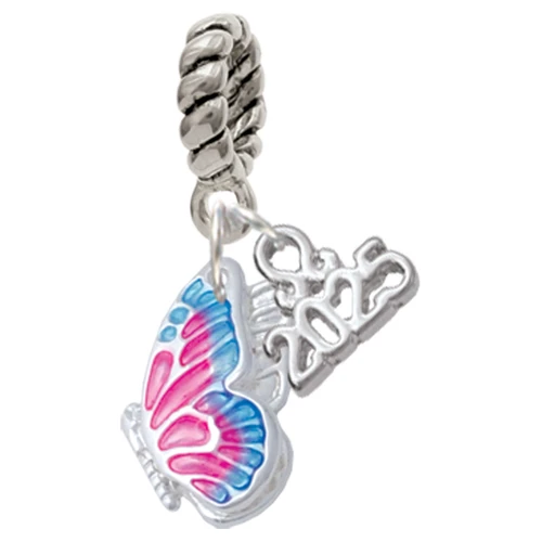 Silver Plated Translucent Hot Pink & Blue Flying Butterfly - Silver Plated Twist Rope Bead Charm Dangle with Mini Year 2025: Year to Remember Jewelry Gift - Celebrations