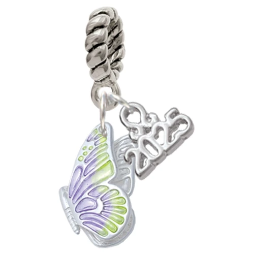 Silver Plated Translucent Purple & Lime Green Flying Butterfly - Silver Plated Twist Rope Bead Charm Dangle with Mini Year 2025: Year to Remember Jewelry Gift - Celebrations